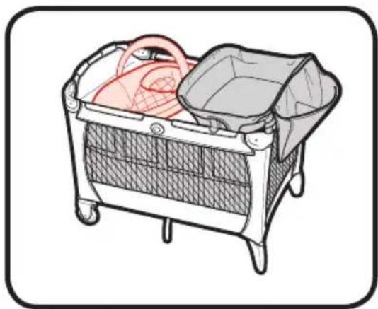 Illustration of a baby stroller with mesh backrest and two compartments (no text or symbols)