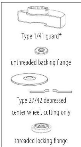 Type 1/41 guard* unthreaded backing flange Type 27/42 depressed center wheel, cutting only threaded locking flange
