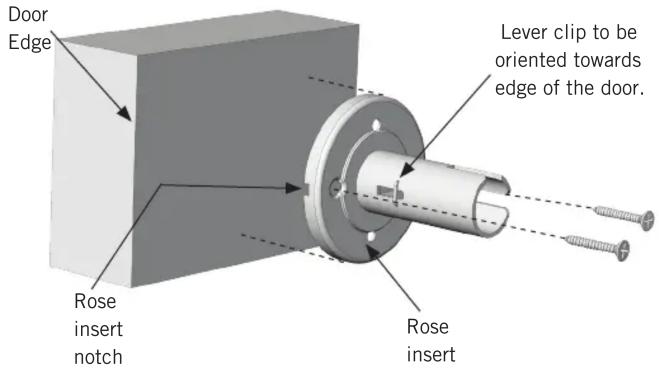 Door Edge Lever clip to be oriented towards edge of the door. Rose insert notch Rose insert