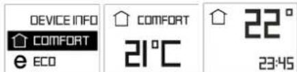 DEVICE INFO COMFORT e ECO COMFORT 21°C 22° 23:45