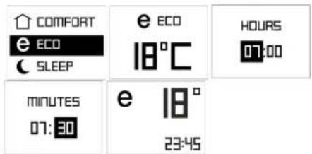 COMFORT e ECO SLEEP e ECO 18°C HOURS 07:00 MINUTES 07:30 e 18° 23:45