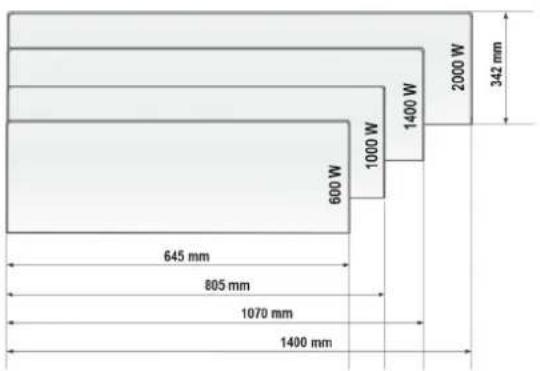 2000 W 342 mm 1400 W 1000 W 600 W 645 mm 805 mm 1070 mm 1400 mm