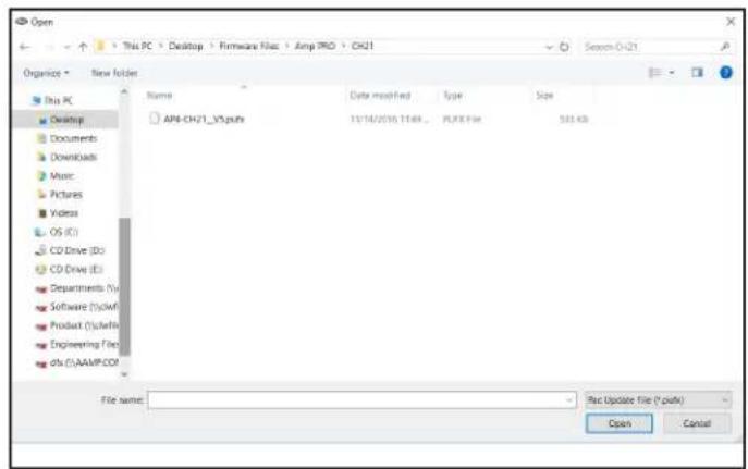 Open This PC > Desktop > Firmware Files > Amp 3RD > CH21 Organize > New Folder Name Data modified Type Size AP4-CH21_V5.puffs 11/14/2016 15:49... PUKEX File 532 KB File name: ----- Proc Update file (*.pubk) Open Cancel