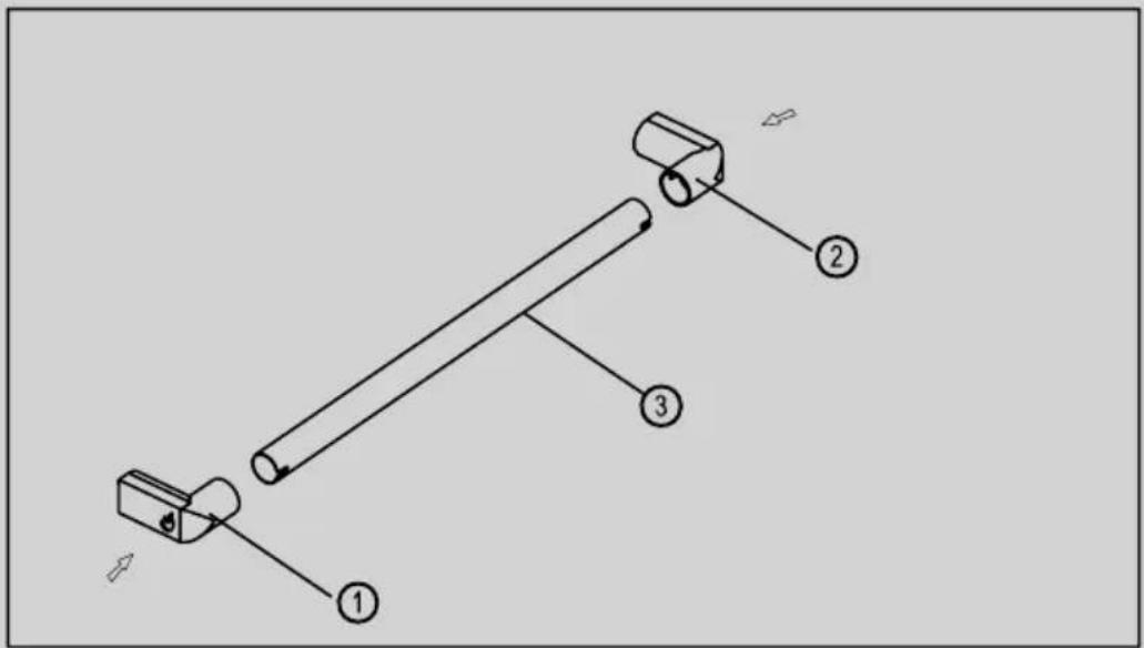 Diagram of a mechanical assembly with labeled parts 1, 2, and 3, showing directional arrows and components.