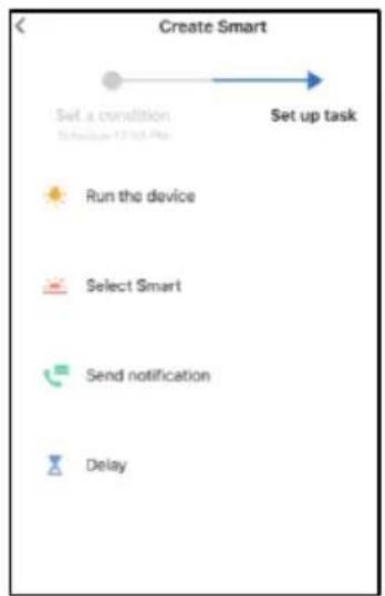 graph TD A["Start"] --> B["Set a condition\nSchedule 17.05 PM"] B --> C["Set up task"] C --> D["Run the device"] C --> E["Select Smart"] C --> F["Send notification"] C --> G["Delay"]