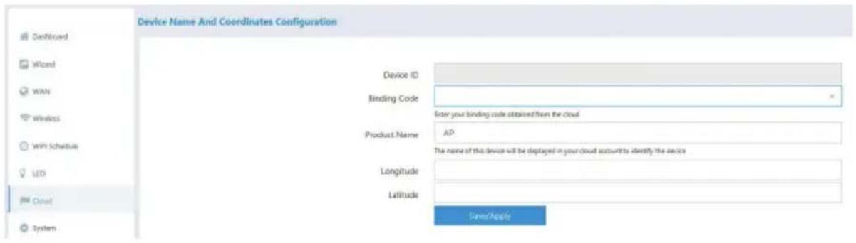 Device Name And Coordinates Configuration Device ID Binding Code Enter your binding code obtained from the cloud Product Name AP The name of this device will be displayed in your cloud account to identify the device Longitude Latitude Saved/Apply