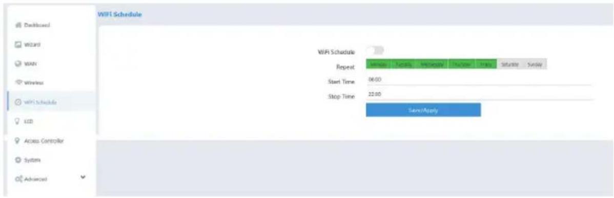 WIFI Schedule Desktop Wizard WAN Wireless WIFI Schedule ECD Access Controller Systems Advanced WiFi Schedule Repeat Start Time 06:00 Stop Time 22:00 ServiApply