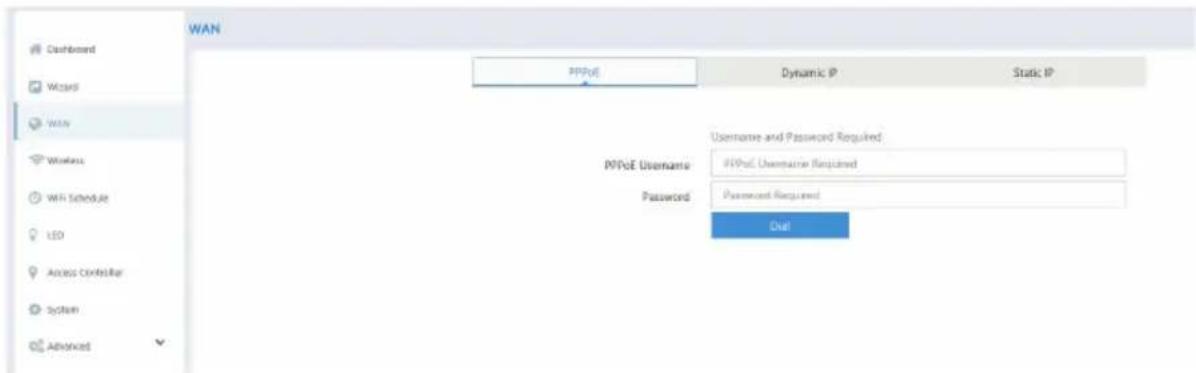 WAN Dashboard Wizard WAN Worker Wi-Fi Schedule LED Access Controller System Advanced PPPoE Password Dynamic IP Static IP Username and Password Required: PPPoE Username Required Password Required Dual