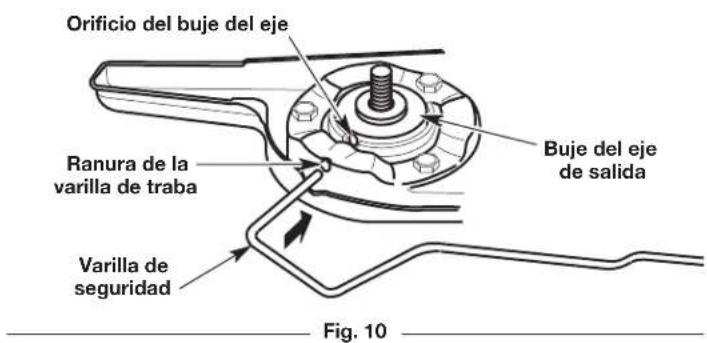 Orificio del buje del eje Ranura de la varilla de traba Varilla de seguridad Buje del eje de salida Fig. 10