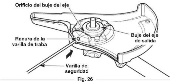 Orificio del buje del eje Ranura de la varilla de traba Buje del eje de salida Varilla de seguridad Fig. 26