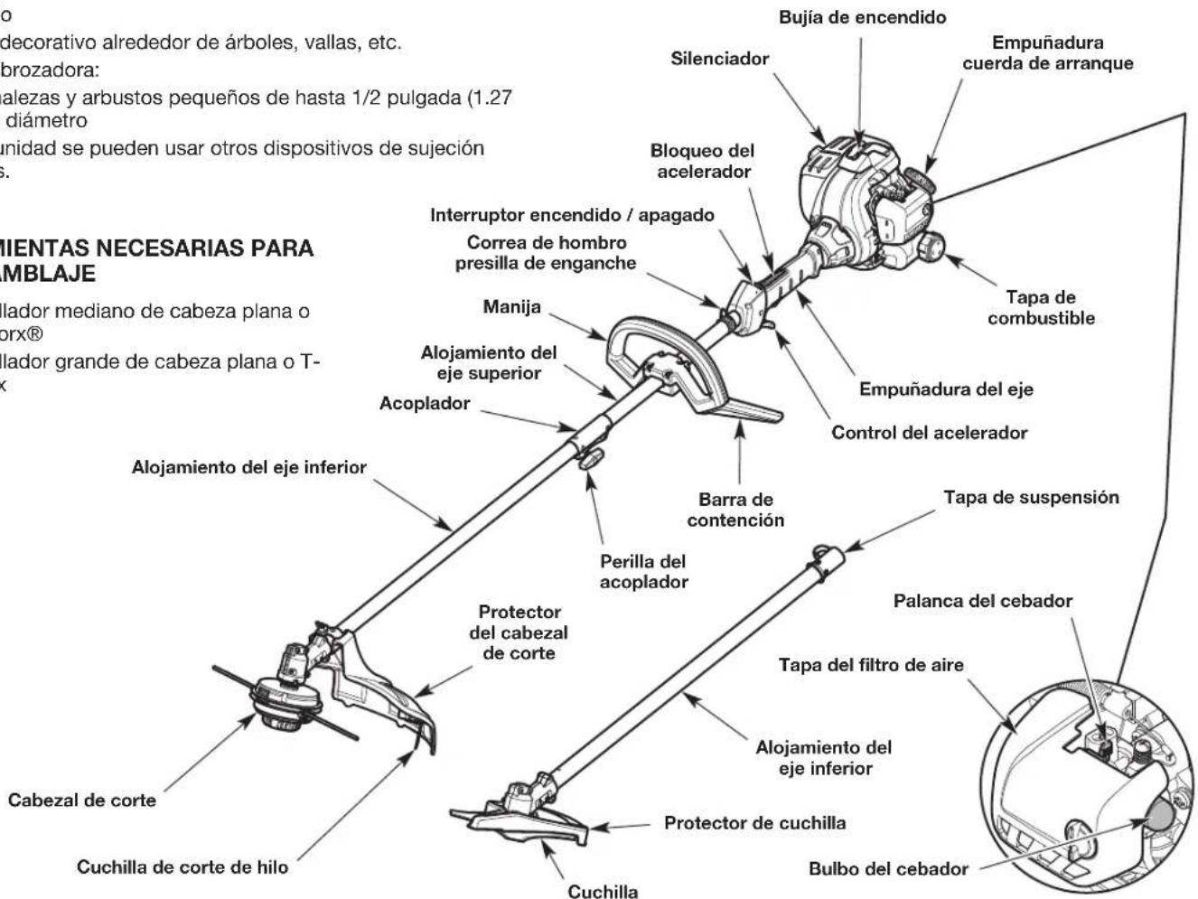 decorativo alrededor de árboles, vallas, etc. blozadora: alezas y arbustos pequeños de hasta 1/2 pulgada (1.27 diámetro nidad se pueden usar otros dispositivos de sujeción ). BIENTAS NECESARIAS PARA MBLAJE lador mediano de cabeza plana o corx® lador grande de cabeza plana o T- Alojamiento del eje superior Acoplador Manija Interruptor encendido / apagado Correa de hombro presilla de enganche Barra de contención Perilla del acoplador Alojamiento del eje superior Alojamiento del eje inferior Protector del cabezal de corte Cabezal de corte Cuchilla de corte de hilo Protector de cuchilla Cuchilla Bujía de encendido Silenciador Bloqueo del accelerador Empuñadura cuerta de arranque Tapa de combustible Empuñadura del eje Control del acelerador Tapa de suspensión Palanca del cebador Tapa del filtro de aire Alojamiento del eje inferior Protector de cuchilla Bulbo del cebador