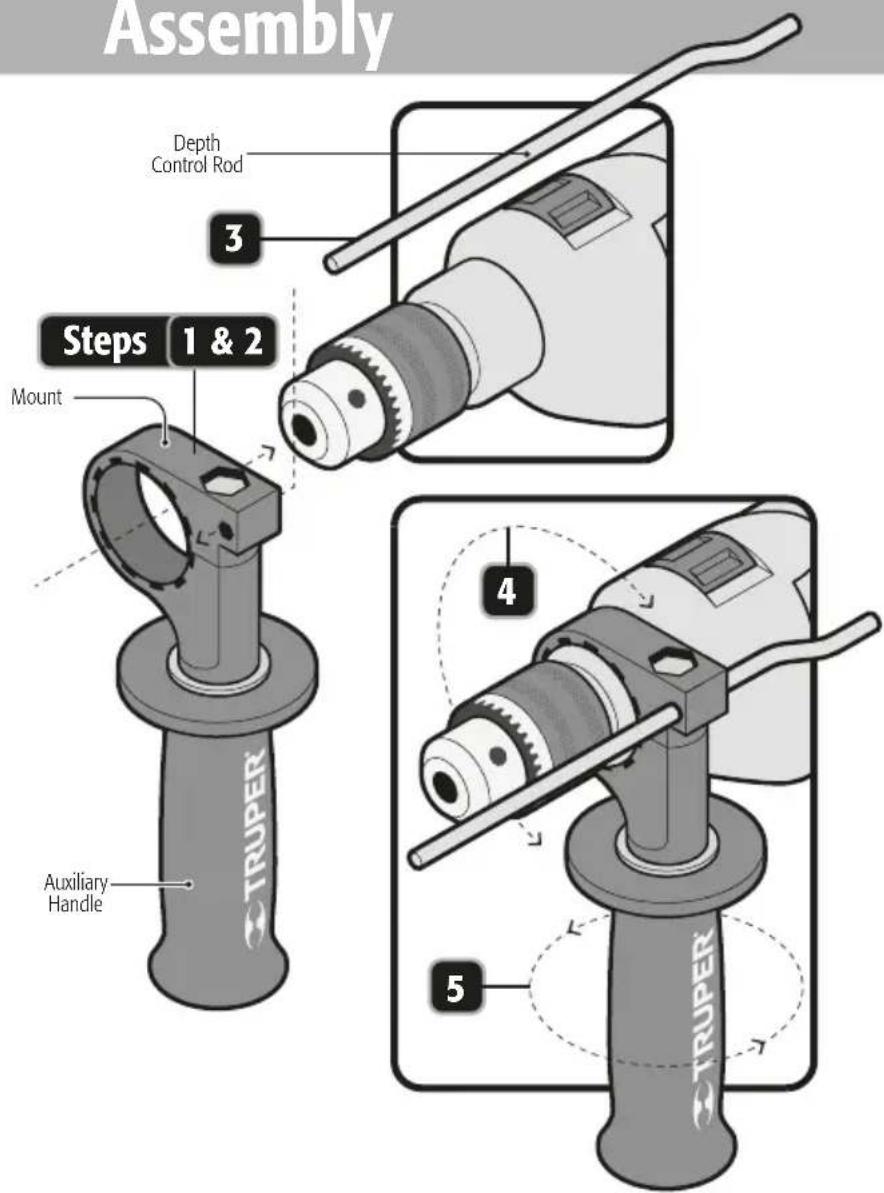 Assembly Depth Control Rod 3 Steps 1 & 2 Mount Auxiliary Handle TRUPER 4 5