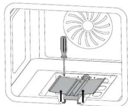 Technical line drawing of a screwdriver inserted into a component inside a fan-shaped housing (no text or symbols)