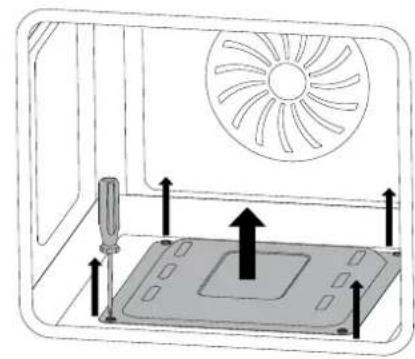 Diagram of a ceiling-mounted device with a fan blade and screwdriver, showing directional arrows (no text or symbols)
