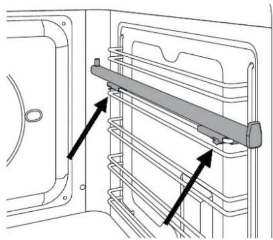 Technical line drawing of a door frame with a horizontal shelf and two black arrows indicating movement or assembly (no text or symbols)