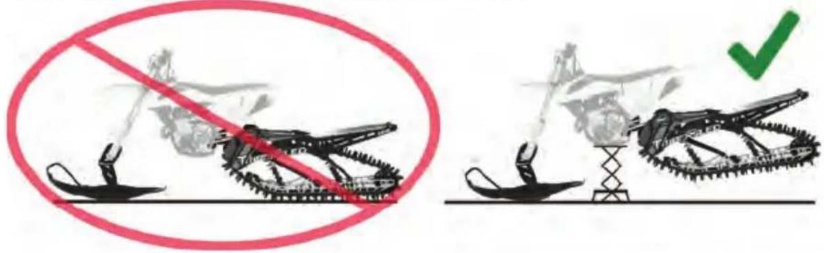 Two illustrations of a snowmobile or robotic device with a red prohibition sign and a green checkmark, no text or symbols present.