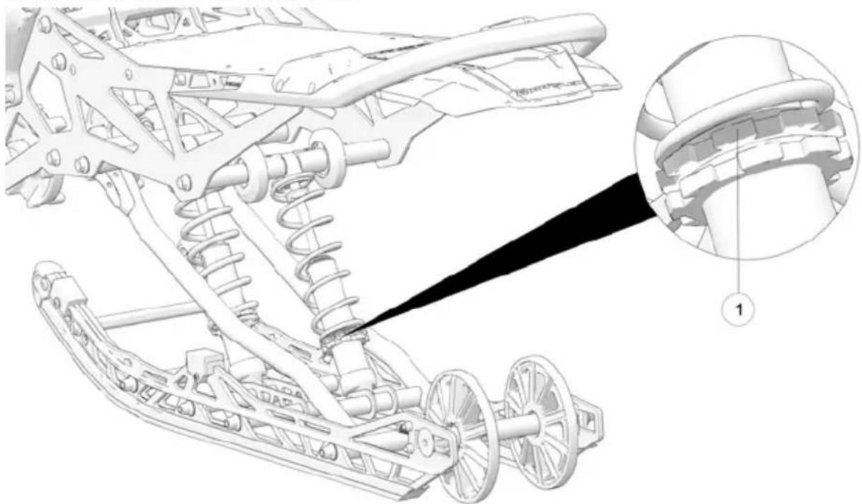 Technical line drawing of a vehicle suspension system with mechanical components and a magnified inset showing internal components (no text or symbols)