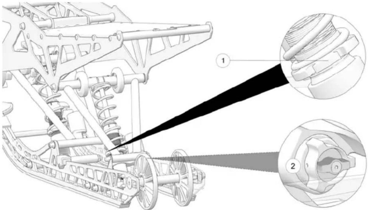 Technical illustration of a mechanical assembly with labeled parts (1 and 2), showing structural components and motion directions (no text or symbols beyond labels)