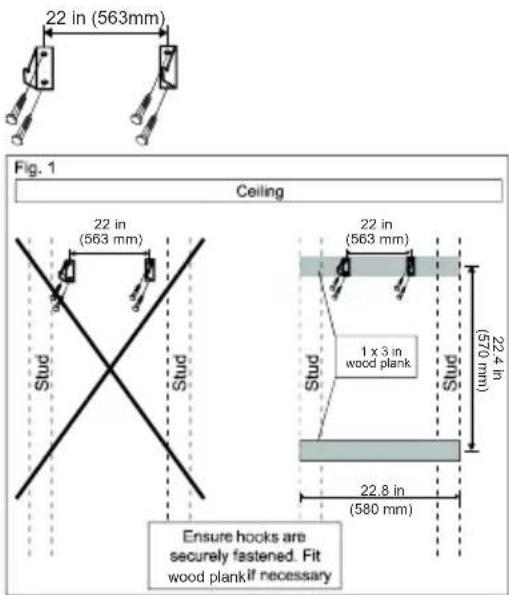 22 in (563 mm) 22 in (563 mm) Stud Stud 22 in (563 mm) 1 x 3 in wood plank Stud Stud 22.4 in (570 mm) 22.8 in (580 mm) Fig. 1 Ceiling Ensure hooks are securely fastened. Fit wood plank if necessary