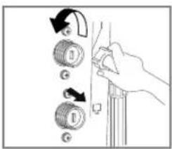 Diagram showing hand operating a doorbell with labeled buttons and directional arrows indicating rotation or adjustment.