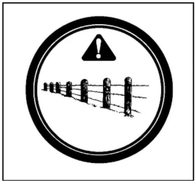Warning sign with exclamation mark and safety symbols inside a circular frame