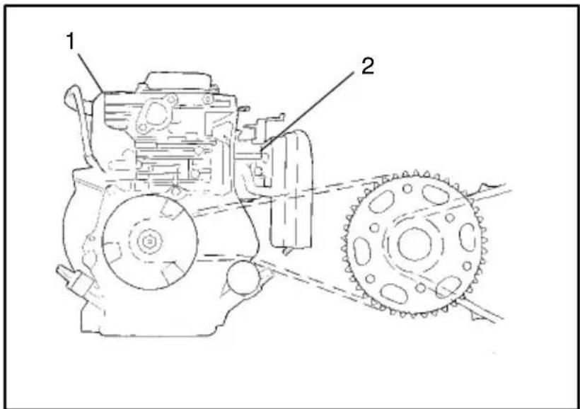 Technical diagram of a mechanical assembly with labeled parts 1 and 2
