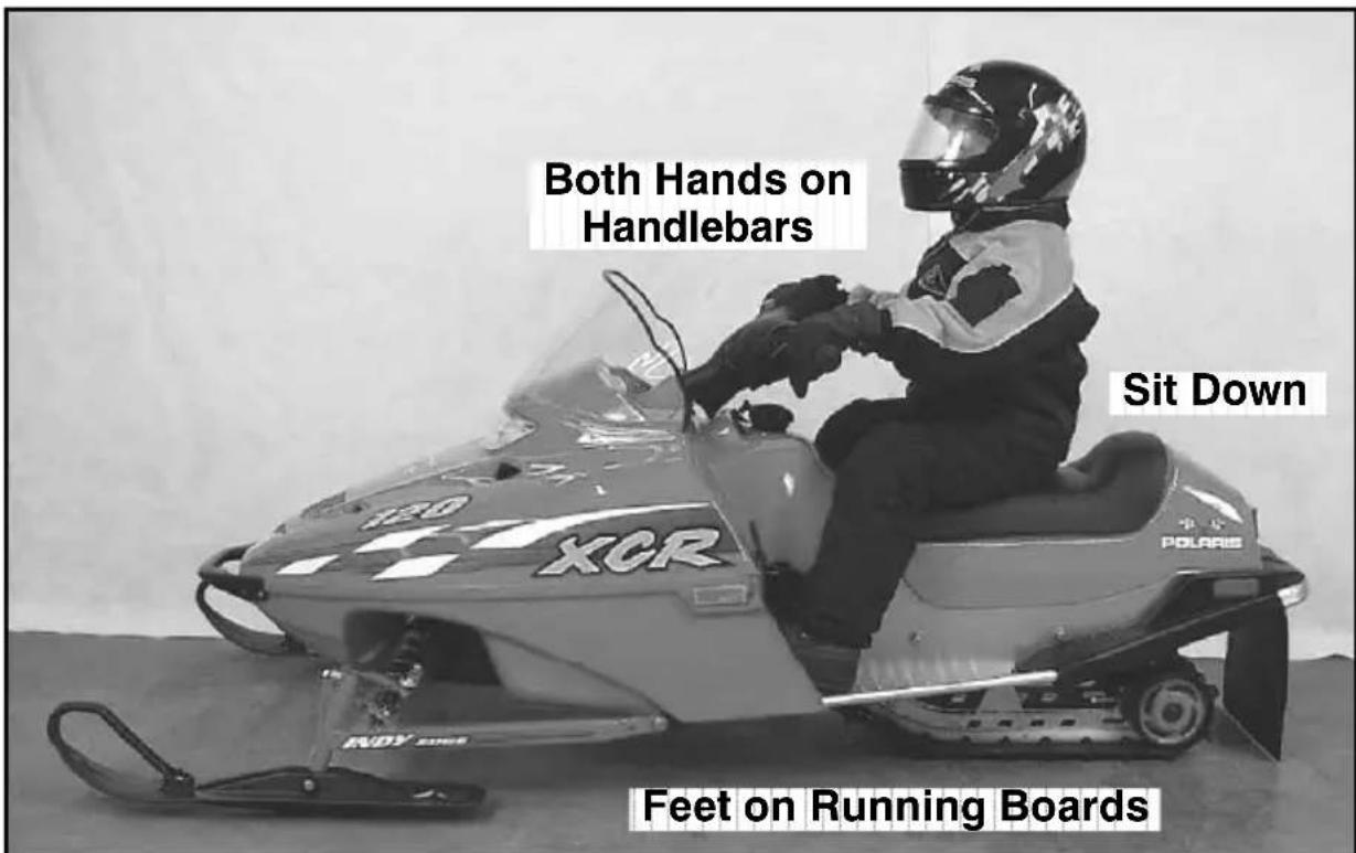 Both Hands on Handlebars Sit Down XCR POLARIS Feet on Running Boards