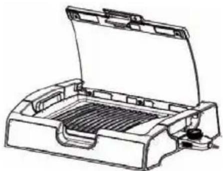 Technical line drawing of a portable electric stove or heater with open lid and internal grating (no text or symbols)