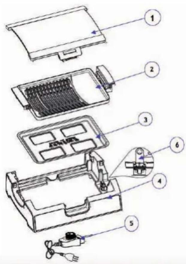 Exploded view diagram of a battery pack with numbered parts and internal components labeled 1 through 6.