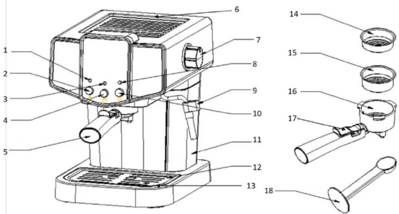 Technical diagram of a coffee maker with numbered parts and exploded view of its internal components