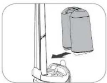 Diagram showing a mechanical device with a cylindrical component and a separate cylindrical component, no text or symbols present.