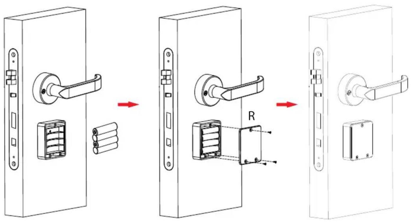 Diagram illustrating the assembly of a door lock mechanism, showing step-by-step assembly with labeled components and directional arrows.