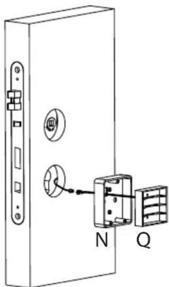 Technical diagram of a door lock with labeled components N and Q, showing internal components and connections.