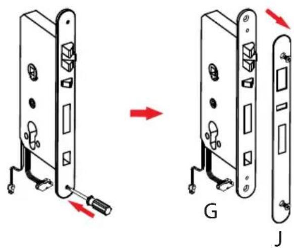 Diagram showing two views of a door latch mechanism with labeled parts G and J, indicating assembly or repair steps.