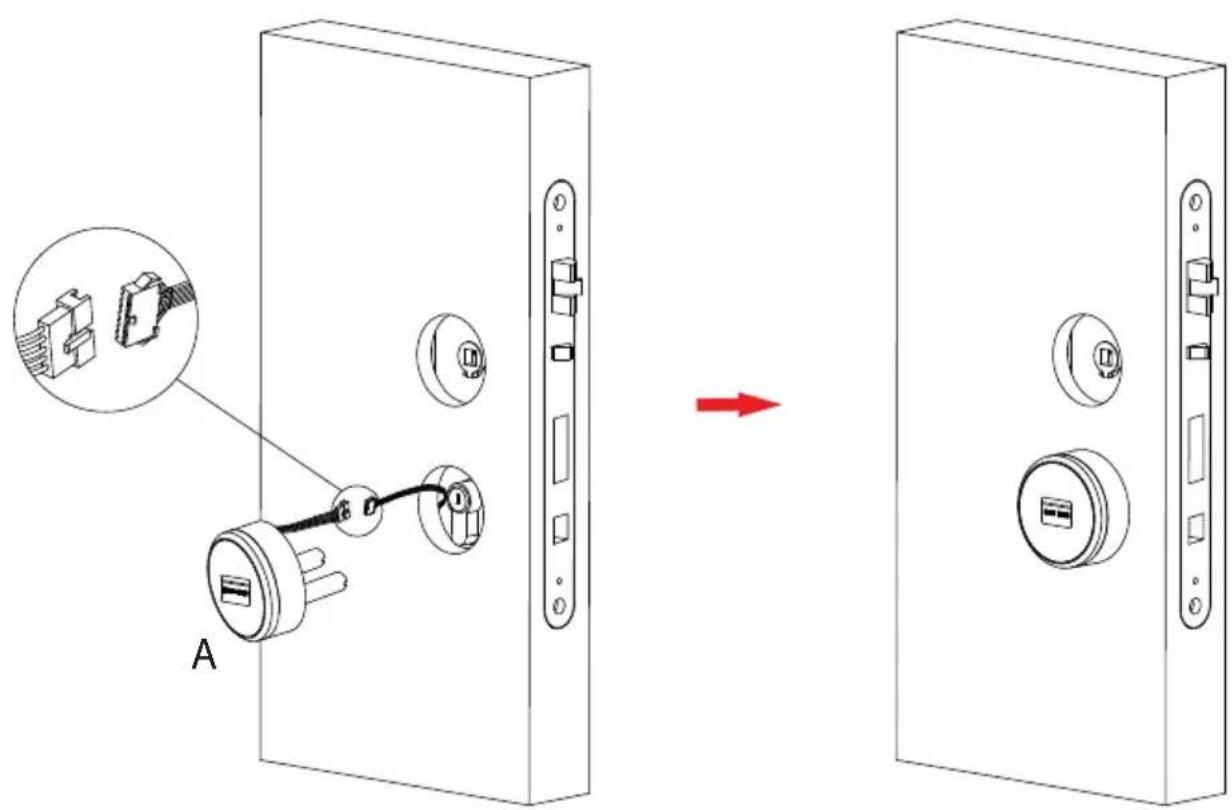 Diagram showing a door lock assembly with labeled components and a red arrow indicating transformation or change.