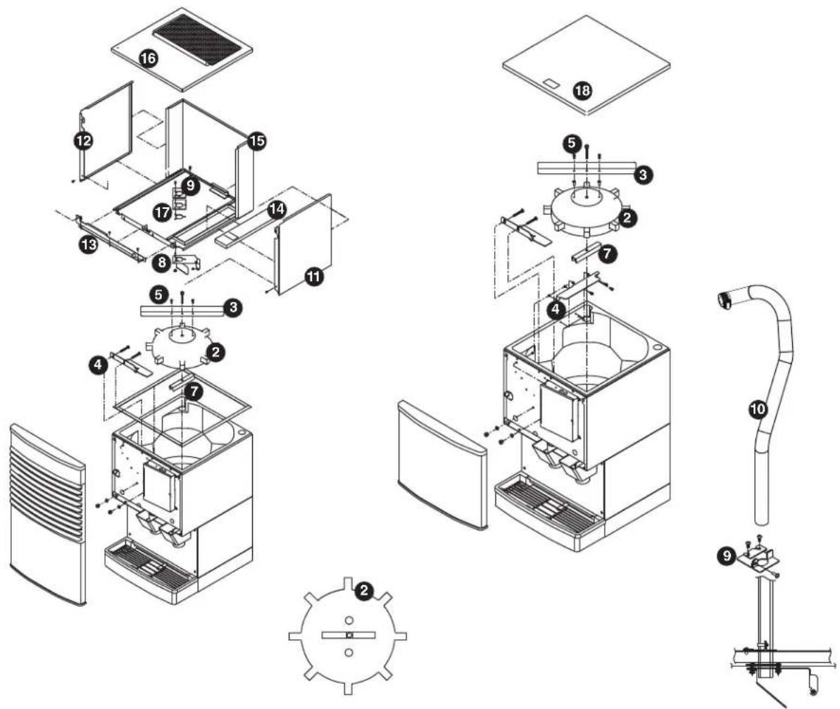 Exploded view diagram of a microwave oven system with numbered components for identification