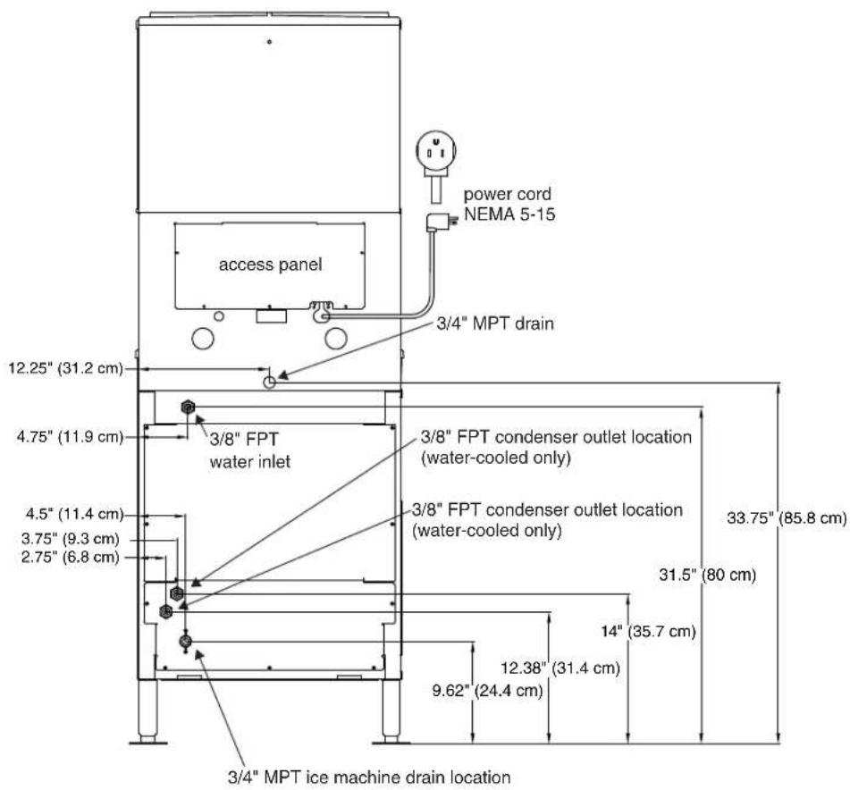 power cord NEMA 5-15 access panel 3/4" MPT drain 12.25" (31.2 cm) 4.75" (11.9 cm) 3/8" FPT water inlet 3/8" FPT condenser outlet location (water-cooled only) 3/8" FPT condenser outlet location (water-cooled only) 4.5" (11.4 cm) 3.75" (9.3 cm) 2.75" (6.8 cm) 33.75" (85.8 cm) 31.5" (80 cm) 14" (35.7 cm) 9.62" (24.4 cm) 12.38" (31.4 cm) 3/4" MPT ice machine drain location
