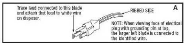 Trace lead connected to this blade and attach that lead to white wire on disposer. RIBBED SIDE NOTE: When viewing face of electrical plug with grounding pin at top, the larger left blade is connected to the identified wire.