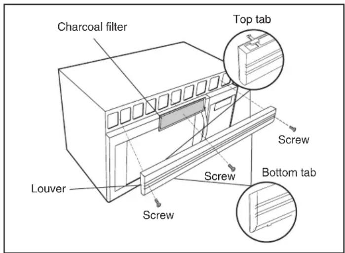 Charcoal filter Louver Top tab Screw Screw Bottom tab Screw