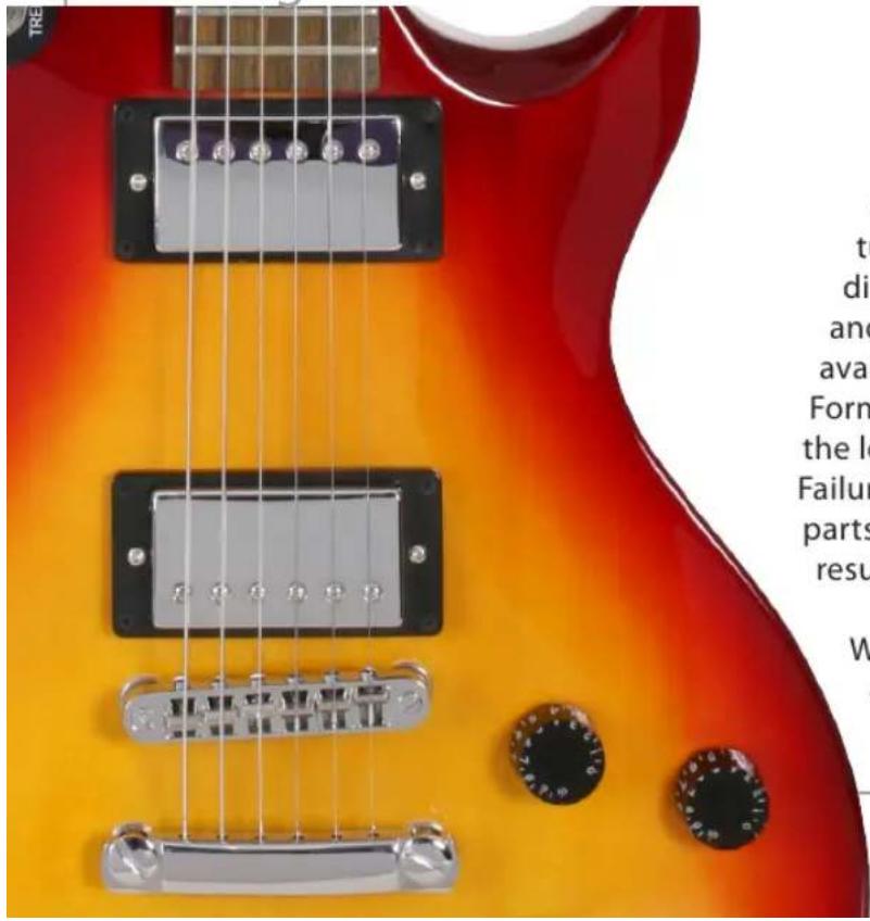 Close-up of a red and orange electric guitar with visible control knobs and text fragments on the right side.