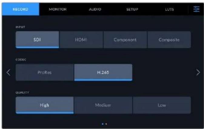 RECORD MONITOR AUDIO SETUP LUTS INPUT SDI HDMI Component Composite CODEC ProRes H 265 QUALITY High Medium Low