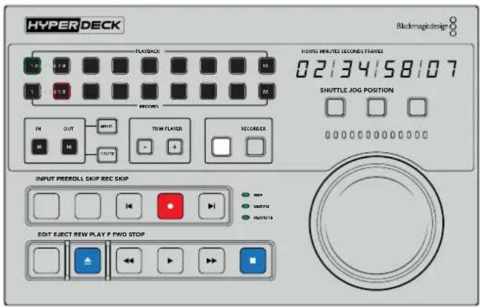 HYPER DECK Blackmagic design FLASHBACK 1.25 6.7W M 1.5 6.7W M RCDRD 02134158107 HOURS MINUTES SECONDS FRAMES SHUTTLE JOG POSITION IN OUT OUT MIN PLASTER RECORDER INPUT PREROLL SKIP REC SKIP RESET STARTING OUTPUTS EDIT ELECT R/W PLAY F PWD STOP
