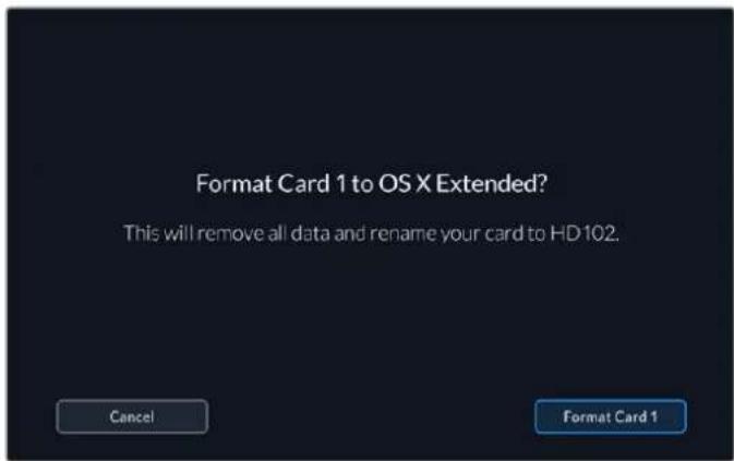 Format Card 1 to OS X Extended? This will remove all data and rename your card to HD102. Cancel Format Card 1