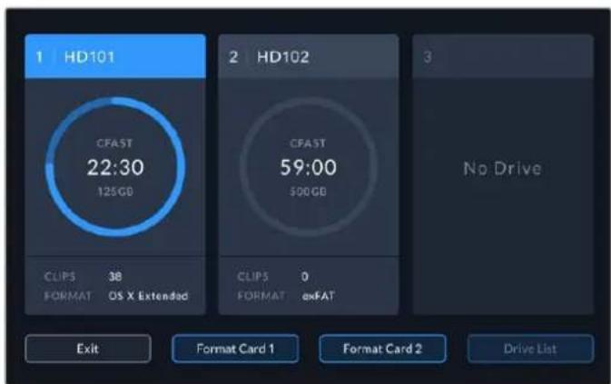 1 HD101 CFAST 22:30 125GB CLIPS 38 FORMAT OS X Extended 2 HD102 CFAST 59:00 500GB CLIPS 0 FORMAT exFAT 3 No Drive Exit Format Card 1 Format Card 2 Drive List