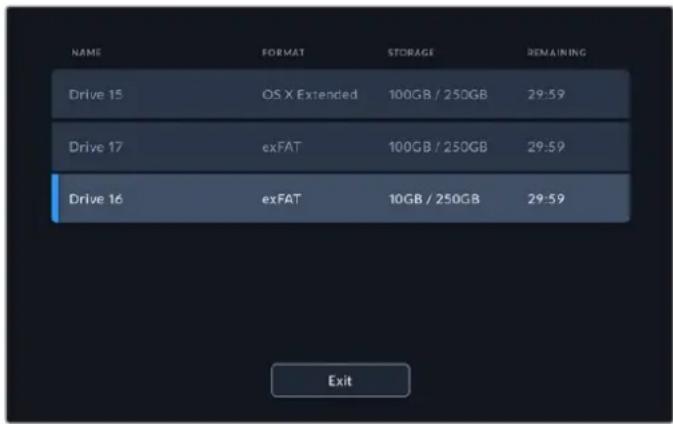 NAME FORMAT STORAGE REMAINING Drive 15 OS X Extended 100GB / 250GB 29:59 Drive 17 exFAT 100GB / 250GB 29:59 Drive 16 exFAT 10GB / 250GB 29:59 Exit