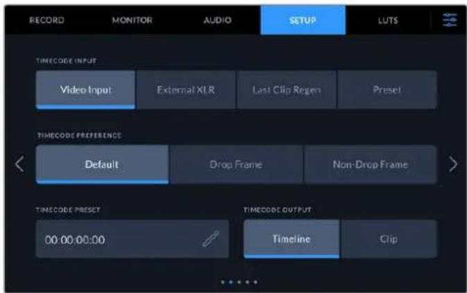 RECORD MONITOR AUDIO SETUP LUTS TIMECODE INPUT Video Input External XLR Last Clip Regen Preset TIMECODE PREFERENCE Default Drop Frame Non-Drop Frame TIMECODE PRESET 00:00:00:00 TIMECODE OUTPUT Timeline Clip