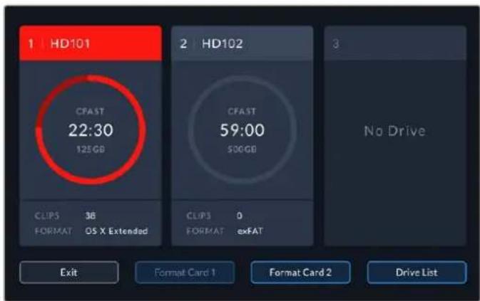 1 | HD101 CFAST 22:30 125GB CLIPS 38 FORMAT OS X Extended 2 | HD102 CFAST 59:00 500GB CLIPS 0 FORMAT exFAT 3 No Drive Exit Format Card 1 Format Card 2 Drive List