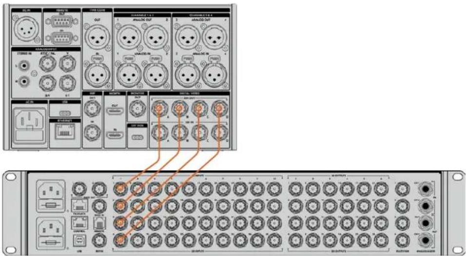Technical diagram of an audio output interface with labeled ports and connectors, showing connections between a network switch panel.