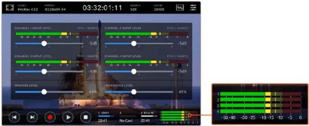 LOGIC ProRes 422 FORMAT 4320p59.94 03:32:01:11 SOURCES SDI CACHE 30:00 CHANNEL 1 INPUT LEVEL -5dB CHANNEL 2 INPUT LEVEL -5dB CHANNEL 3 INPUT LEVEL -5dB CHANNEL 4 INPUT LEVEL -5dB SPEAKER LEVEL 45% HEADPHONE LEVEL 45% 1 HD101 2 3 Drive 16 4 1 -50 -40 -30 -25 -18 -15 -10 -5 0 20:41 No Card 20:41