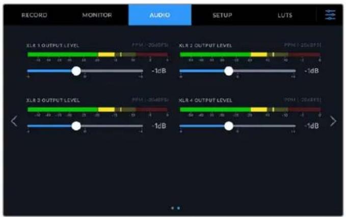 RECORD MONITOR AUDIO SETUP LUTS XLR 1 OUTPUT LEVEL PPM: 20dBFS -1dB XLR 2 OUTPUT LEVEL PPM: 20dBFS -1dB XLR 3 OUTPUT LEVEL PPM: 20dBFS -1dB XLR 4 OUTPUT LEVEL PPM: 20dBFS -1dB
